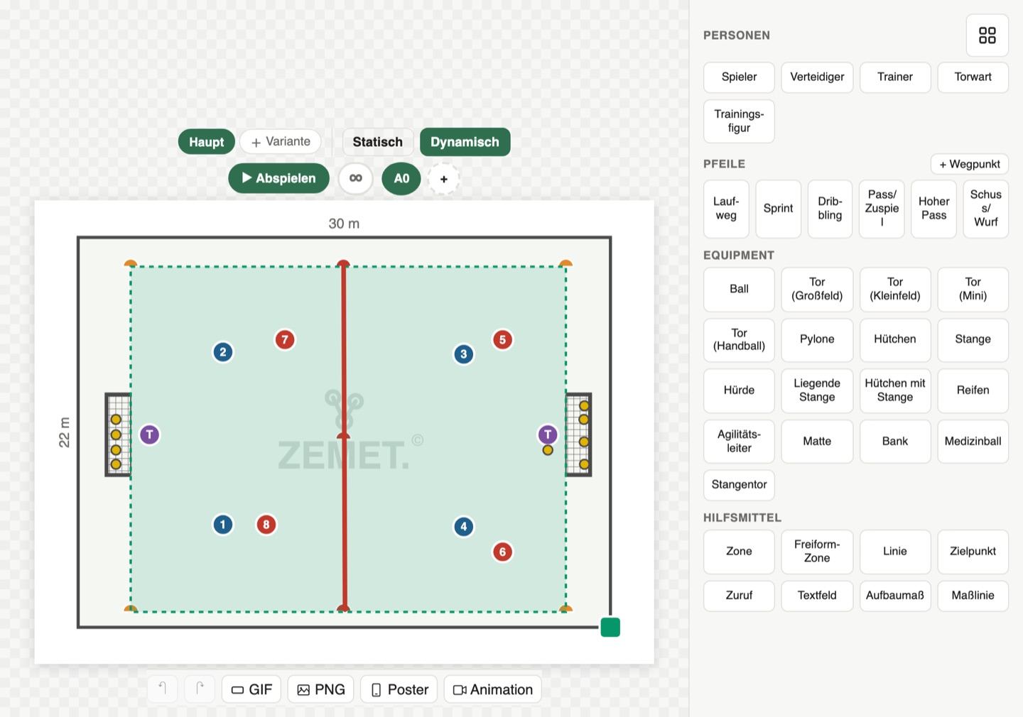 Übungsgenerator in ZEMET.campus: Spielfeld mit Spielern, Torhütern, Mittellinie und Toren, daneben die Werkzeuge für Personen, Pfeile und Material