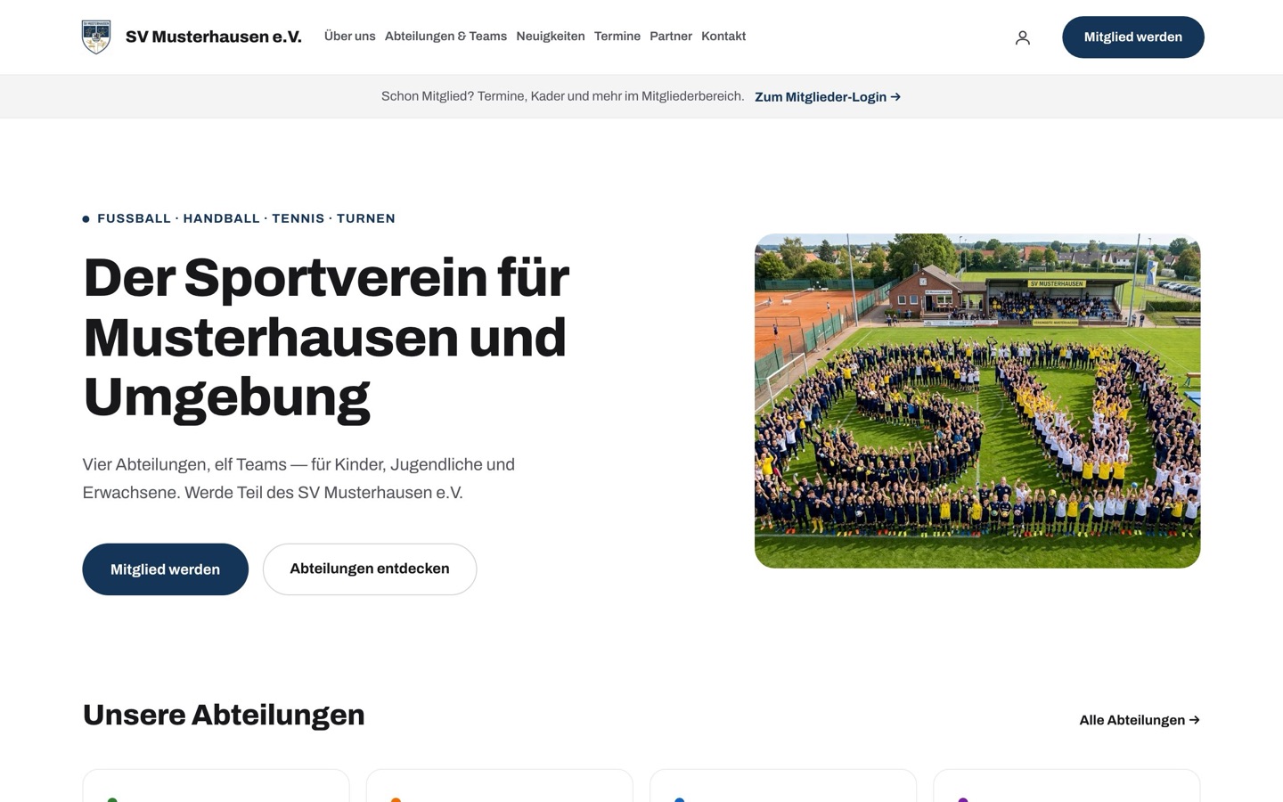 Startseite der Vereins-Homepage des Demo-Vereins SV Musterhausen mit Abteilungen und Mitglied-werden-Knopf